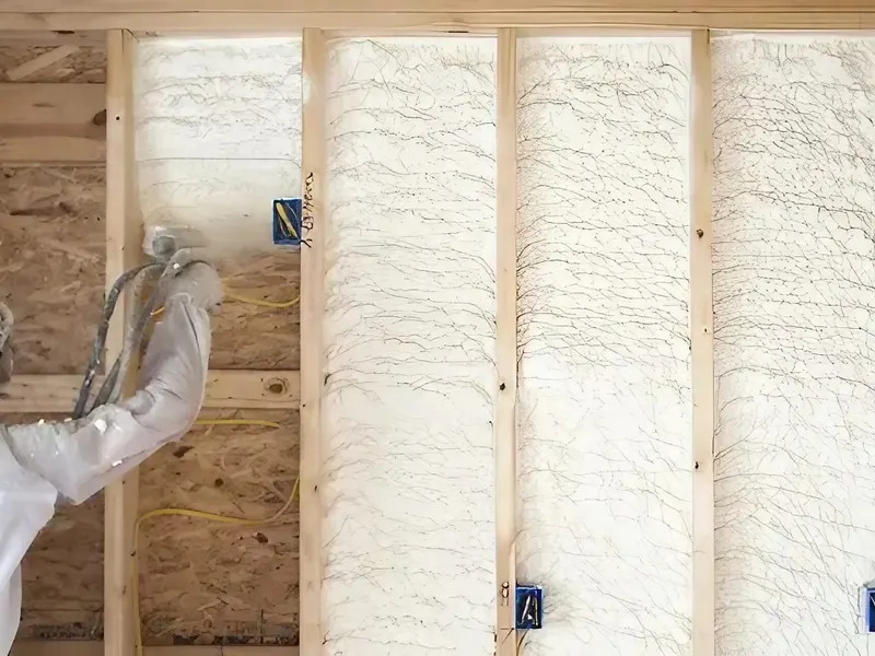 An applicator in white protective gear filling timber stud bays with expanding spray foam along an interior wall