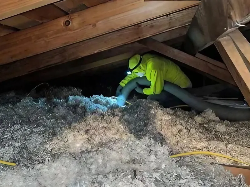 A worker in a hi-visibility green suit kneeling in a low attic, clearing old blown-in fibre insulation from between the joists