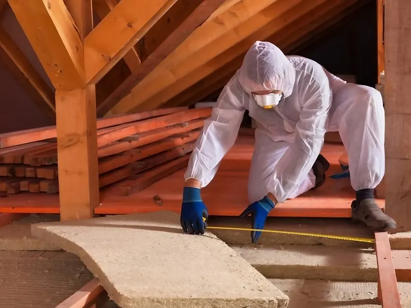 A worker in white protective coveralls and a respirator moving rigid insulation board through an attic between exposed roof rafters