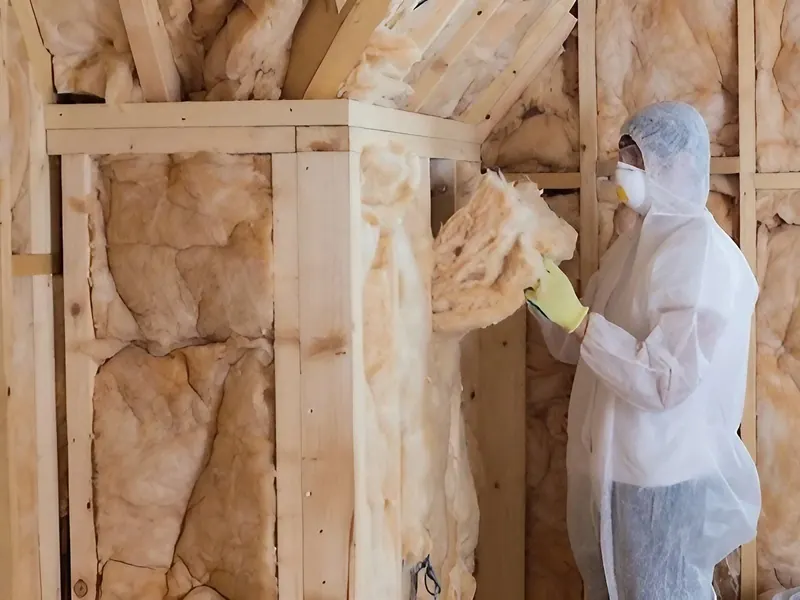 A worker in white coveralls and a respirator fitting fibreglass batt insulation into a timber-framed wall