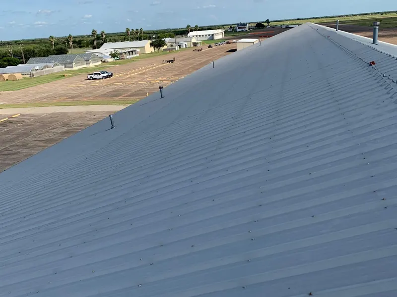 A coated metal roof ridge running the full length of the building toward open farmland on the horizon