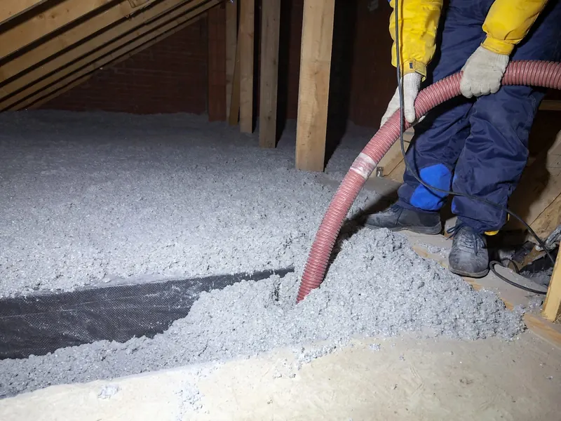 A large red vacuum hose pulling loose grey blown-in insulation off an attic floor, with a worker in blue coveralls and yellow gloves guiding it