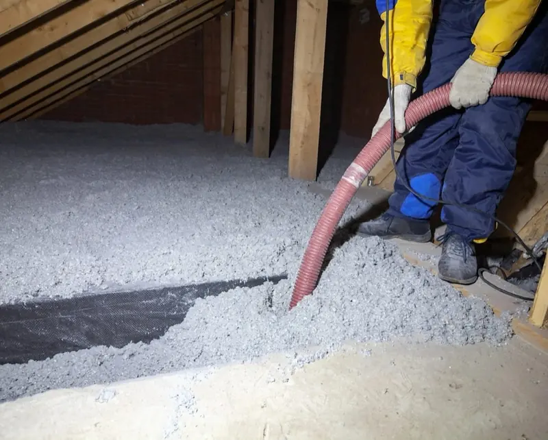 Old blown-in attic insulation being vacuumed out during a removal job